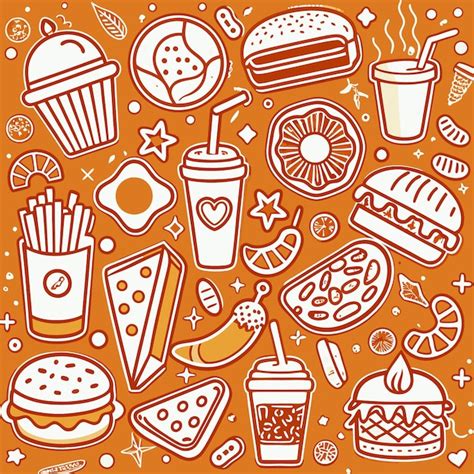 Orange Background With Fast Food Doodles Including Burgers Fries Pizza