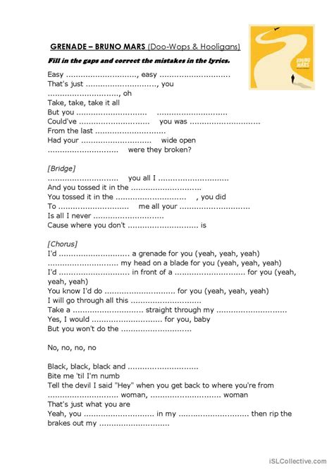 Grenade Bruno Mars Song And Nurser English ESL Worksheets Pdf Doc