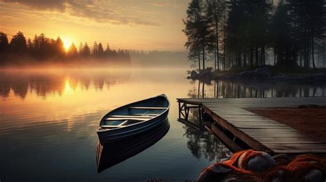 premium ai image  serene lakeside scene   wooden dock  rowboat