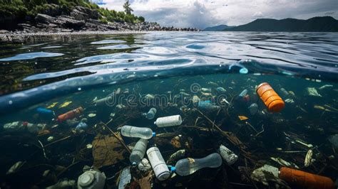 Plastic Pollution In River With Polluted Waters Stock Illustration