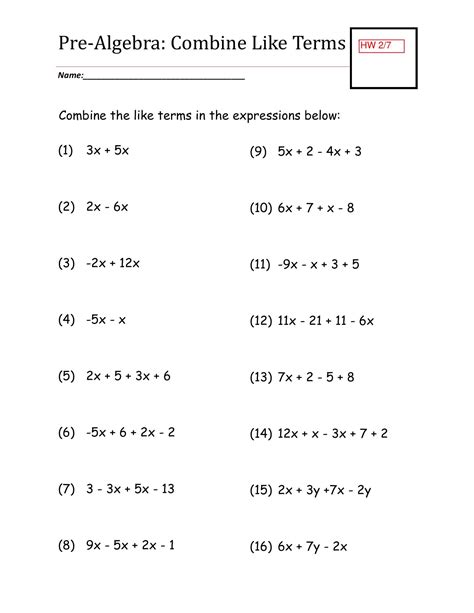 Free Printable Combining Like Terms Worksheets Pdf Answers