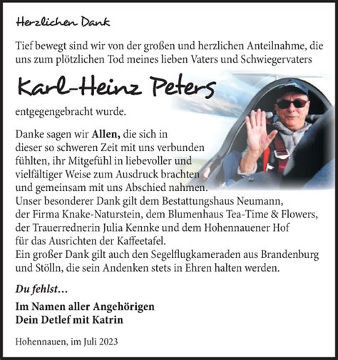 Traueranzeigen Von Karl Heinz Peters M Rkische Onlinezeitung Trauerportal