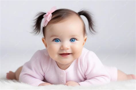 Portrait of cute little baby girl with big blue eyes on white