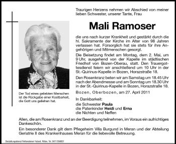 Traueranzeigen Von Mali Ramoser Trauer Bz