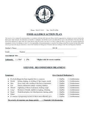 Fillable Online FOOD ALLERGY ACTION PLAN Docx Fax Email Print PdfFiller