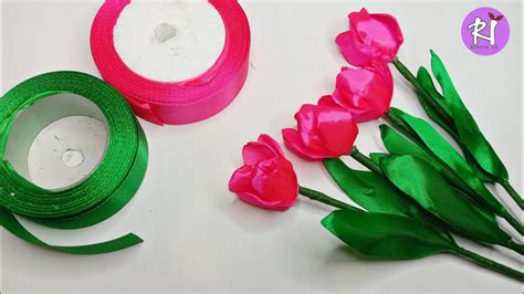 Diy How To Make Easy Satin Ribbon Tulips Satin Ribbon Flower Easy