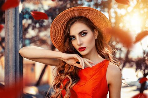 Model Model Mata Biru Brunette Kedalaman Lapangan Gadis Topi Lipstik Wallpaper HD