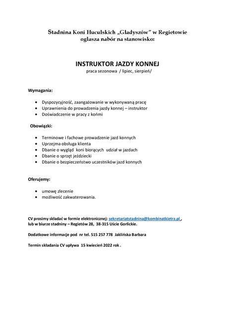 Oferta Pracy Instruktor Jazdy Konnej Okres Wakacyjny Stadnina