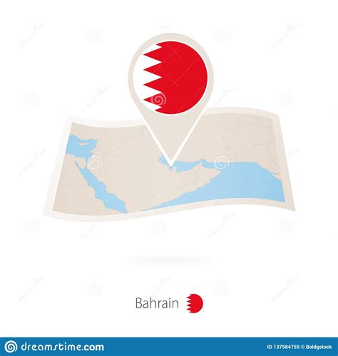 Mapa Doblado Del Papel De Bahrein Con El Perno De La Bandera De Bahrein