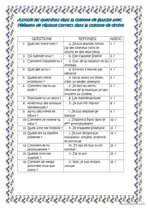 Questions réponses Français FLE fiches pedagogiques pdf doc