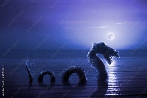 Scary Loch Ness Monster emerging from water Stock Photo | Adobe Stock