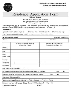 Fillable Online Okanagan Bc Okanagan College Domitory Address Form Fax