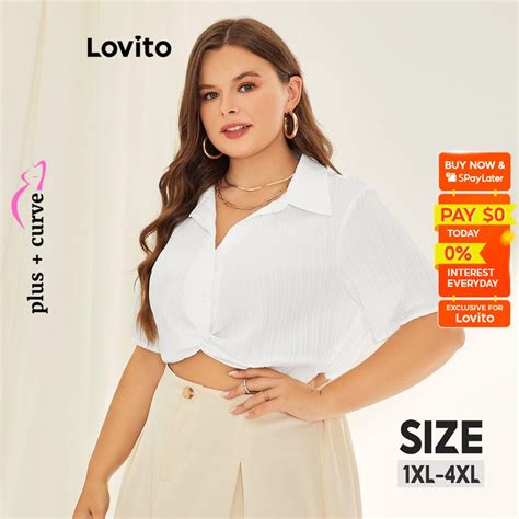 Lovito Plus Size Curve Casual Plain Button Front Knot Blouse For Women Lps11002 White Shopee