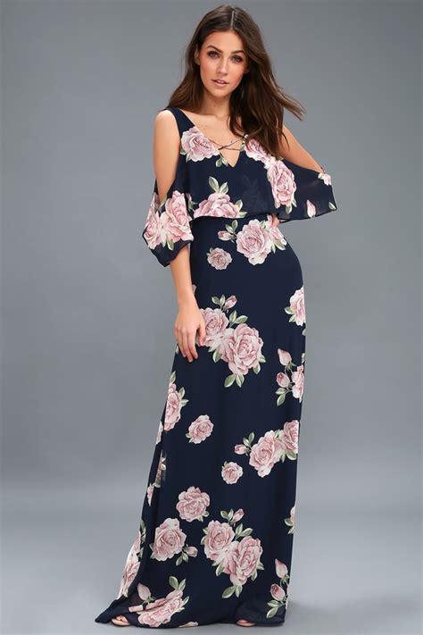 Lovely Navy Blue Floral Print Dress Off The Shoulder Maxi Lulus