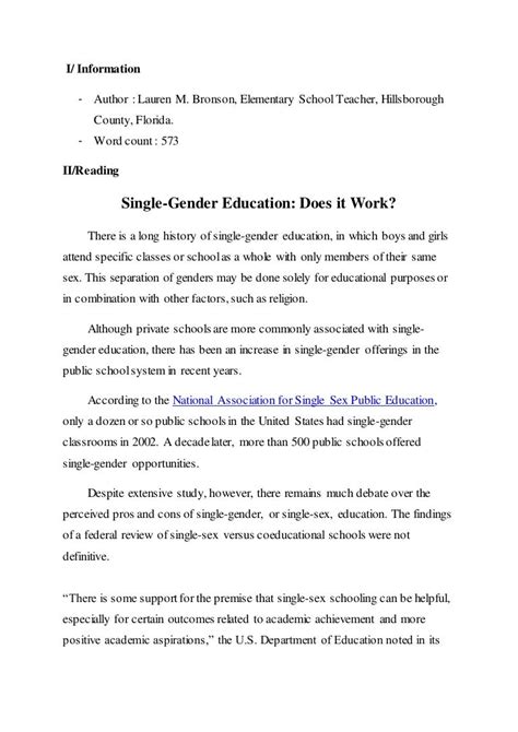 Reading Single Sex Education