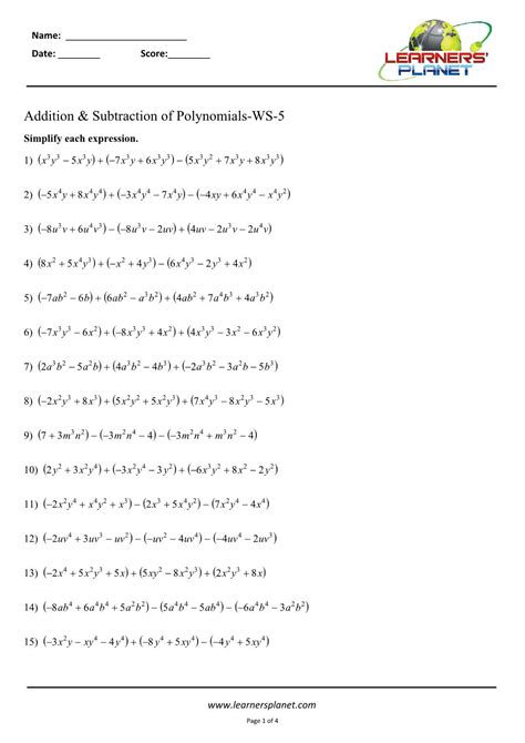 Addition And Subtraction Polynomials Worksheet Printable And