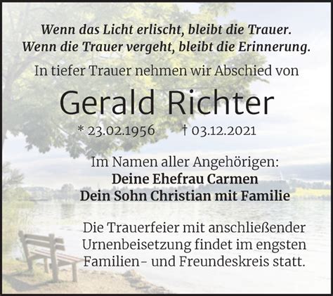 Traueranzeigen Von Gerald Richter Abschied Nehmen De