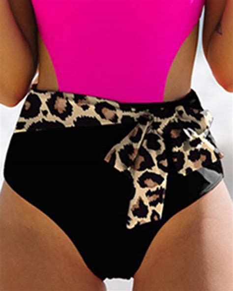 CHICME Colorblock Contrast Leopard Print Cutout One Piece Swimsuit