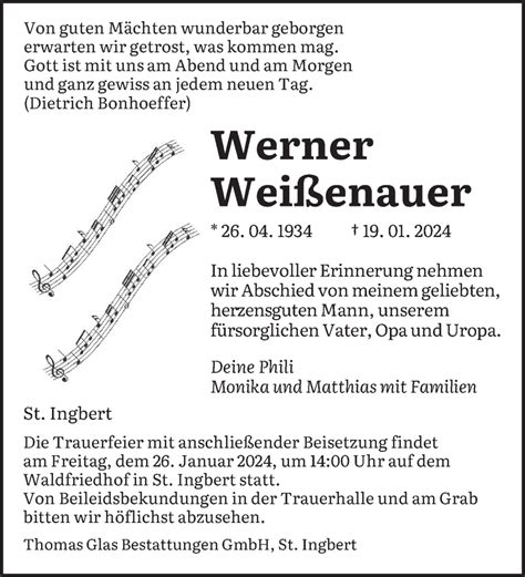 Traueranzeigen Von Werner Wei Enauer Saarbruecker Zeitung Trauer De