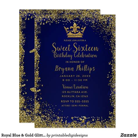 Royal Blue & Gold Glitter Crown Sweet 16 Party Invitation | Zazzle ...