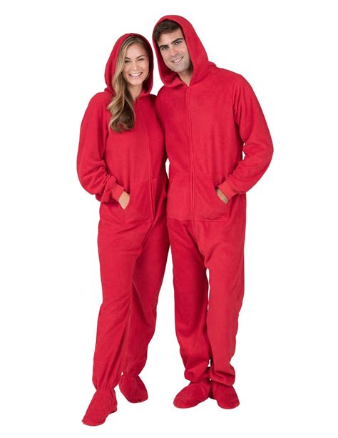 Footed Pajamas Footed Pajamas Bright Red Adult Hoodie Fleece Onesie