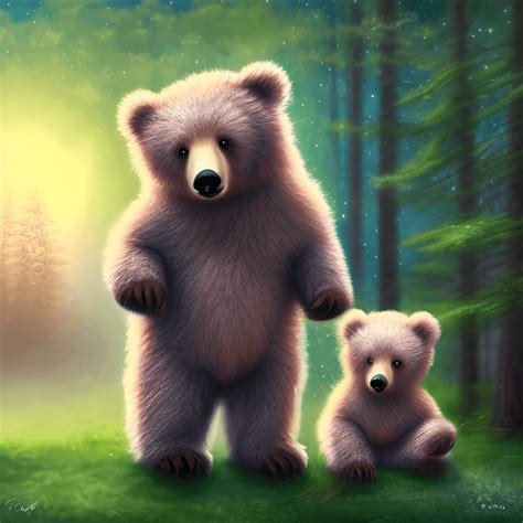 Whimsical Detailed Fantasy Fluffy Tiny Cute Adorable Bear And Baby