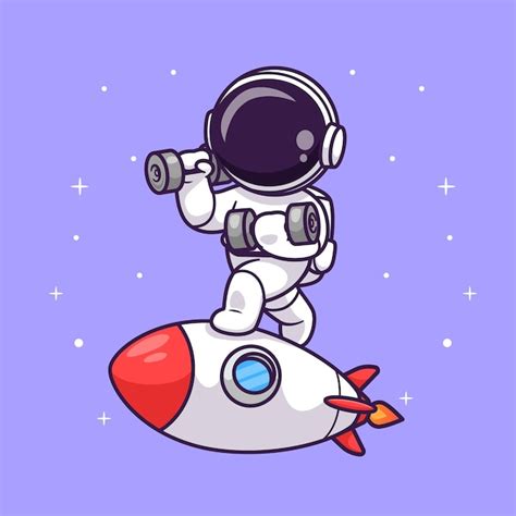 Bonito astronauta levantando haltere no foguete no espaço cartoon ícone