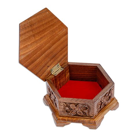 Undiscovered Artisan Box Hand Carved Hexagonal Wood Floral And Leaf