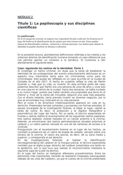 Modulo 2 identificacion humana MODULO 2 Titulo 1 La papiloscopía y