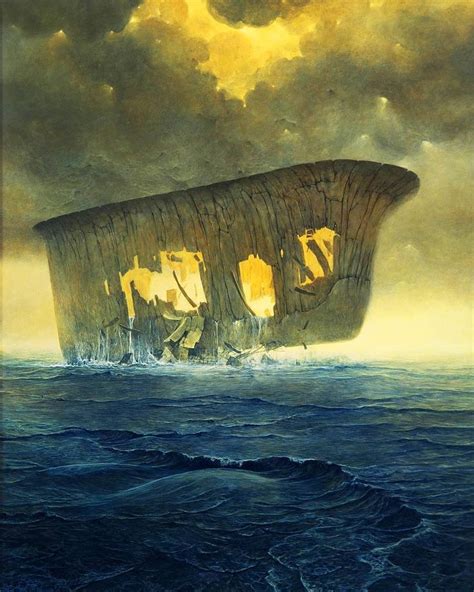 A Painting Of A Boat Floating In The Ocean With People On It S Side