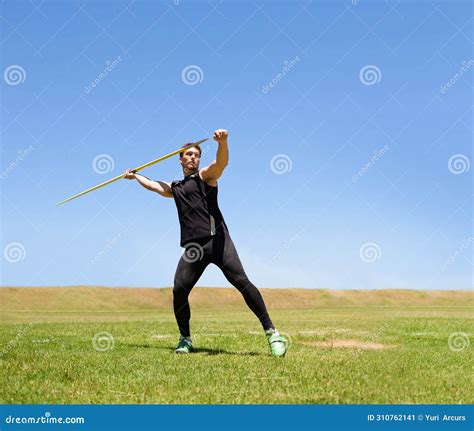 Man Workout And Javelin Throw Or Sport Competition On Grass For