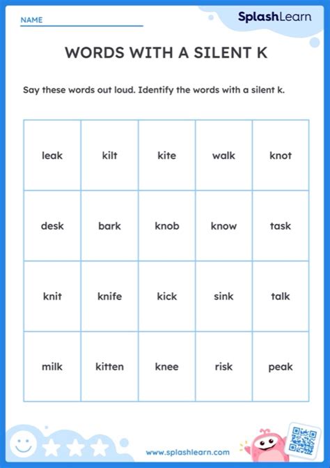 Words With a Silent K — Printable ELA Worksheet