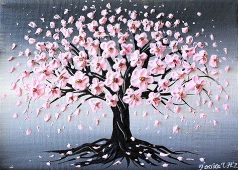 Pink Cherry Blossom Tree Acrylic Painting, Floral Impasto 3D Texture Palette Knife Canvas Wall ...