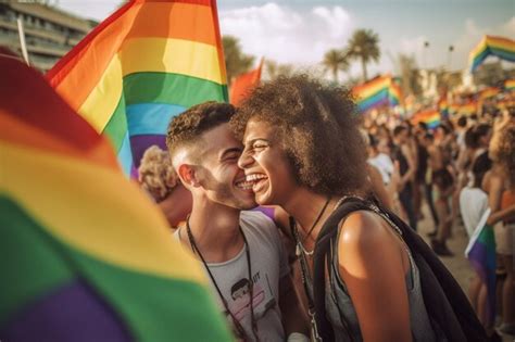 Premium Ai Image Happy Couple Celebrating On The Beach At Lgbtq Pride