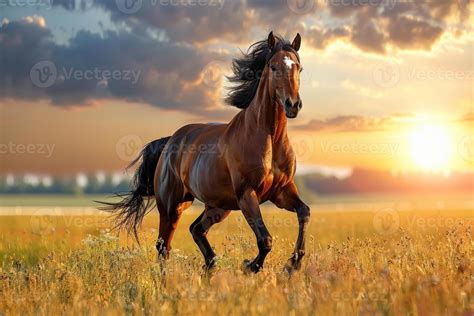 Majestic Horse Running Through Field At Sunset 47840252 Stock Photo At