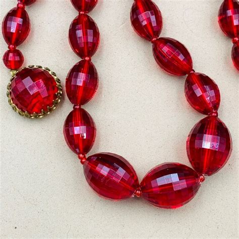 Vintage Lucite Red Faceted Bead Necklace Gem