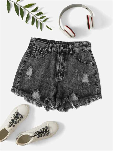 Shein Ezwear Raw Hem Ripped Denim Shorts Shein Euqs