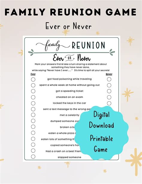 Printable Family Reunion Ever or Never Game Fun Family Gathering Party ...