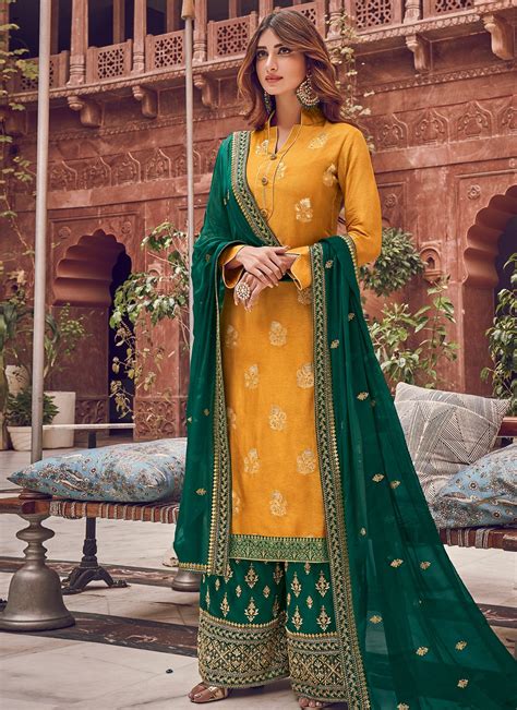 Buy Online Silk Yellow Palazzo Designer Salwar Kameez 161893 Party