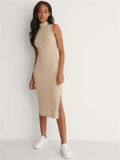 Buy Na Kd Women Beige Ribbed Bodycon Midi Dress With Side Slit Dresses For Women 17342164 Myntra