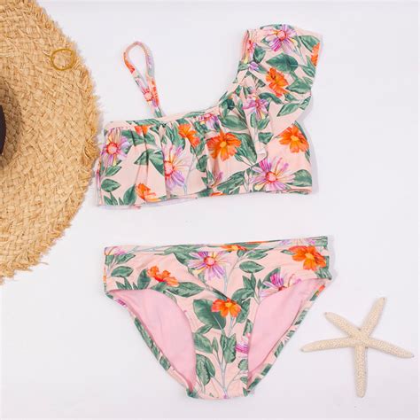 Uublik Bikini Girls Tropical Flower Print Beach Siamese Split Sling Suit Sizes 7 14