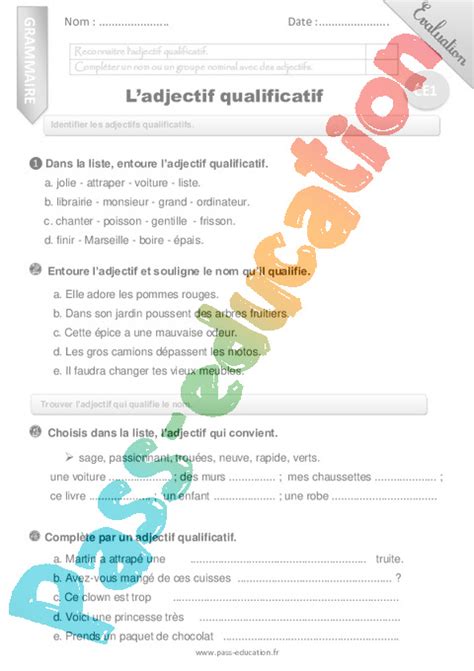 Adjectif Qualificatif Ce1 Exercice évaluation Révision Leçon Pdf à Imprimer