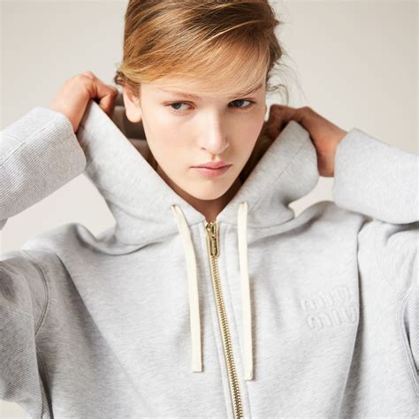 Grey Embroidered Cotton Fleece Hoodie Miu Miu