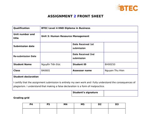 Frontsheet Assignment Hrm Assignment Front Sheet