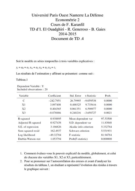 TD4 Université Paris Ouest Nanterre La Défense Econométrie 2 Cours de