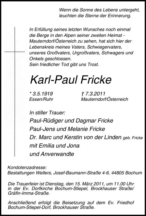 Traueranzeigen Von Karl Paul Fricke Trauer In NRW De