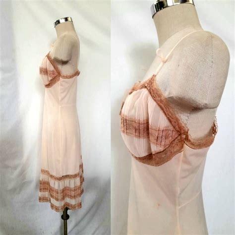 Vintage S Nude Nylon Slip Dress With Pleated Ruffl Gem