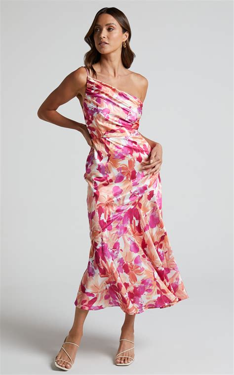 Alyssia Midi Dress One Shoulder Ruched Satin Dress In Pink Floral