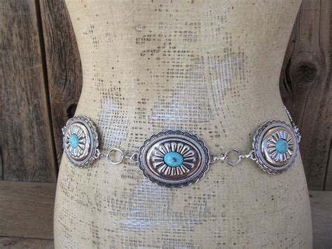 S Silver Chain And Faux Turquoise Concho Belt Western Southwestern