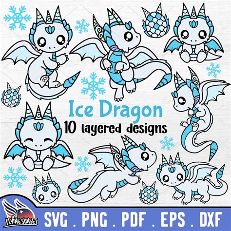 Cute Ice Dragon SVG PNG, Baby Snow Dragon Clipart, Kawaii Dragon Bundle ...